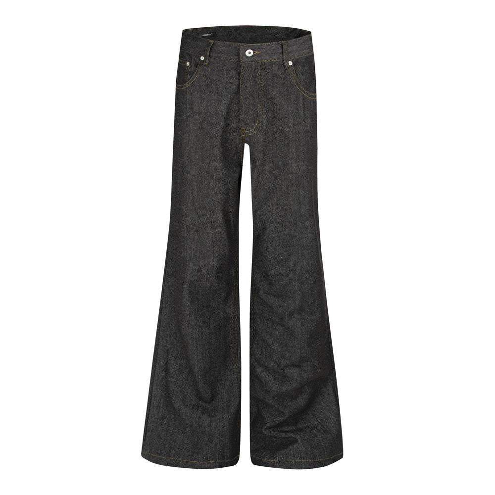 Raw Black Denim Flare Jeans – Wide-Leg Embroidered Streetwear Pants