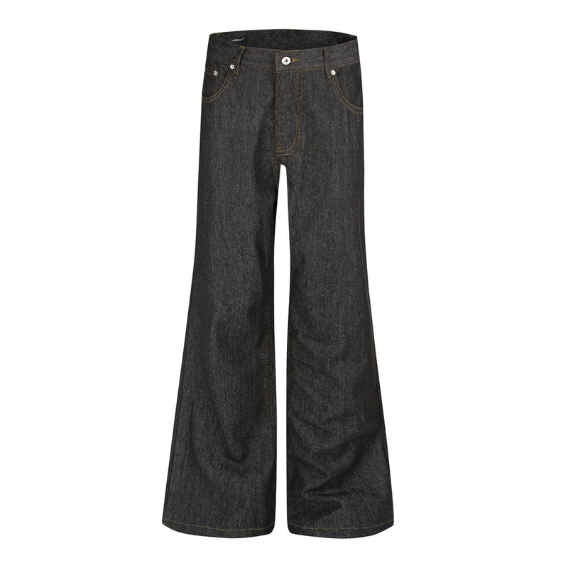 Raw Black Denim Flare Jeans – Wide-Leg Embroidered Streetwear Pants