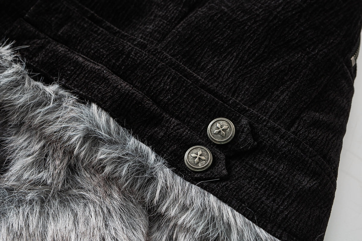 Faux Fur Lined Chenille Moto Jacket – Black Winter Biker Coat with Fur Collar &