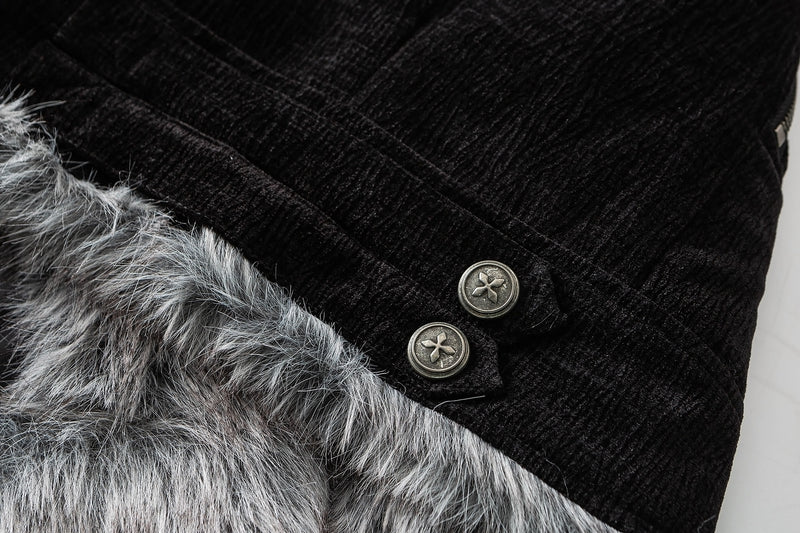 Faux Fur Lined Chenille Moto Jacket – Black Winter Biker Coat with Fur Collar &