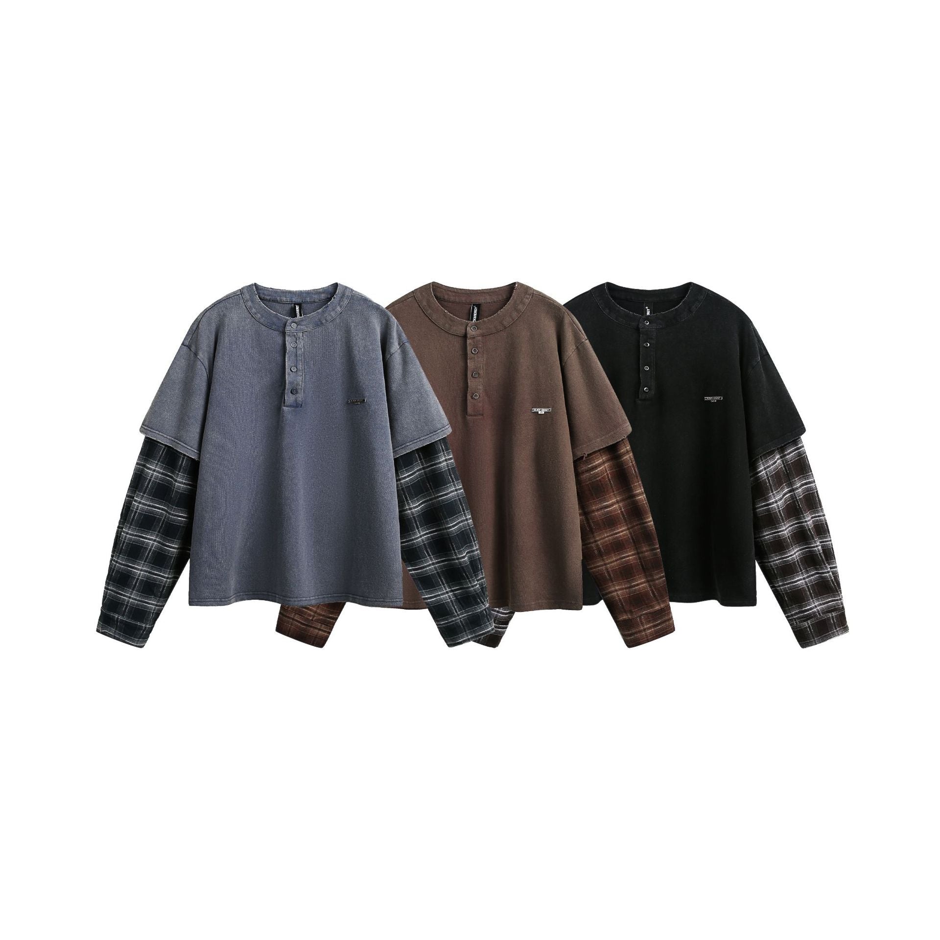 T-shirt Henley manches longues à effet superposé, à carreaux et délavé – Chemise streetwear oversize