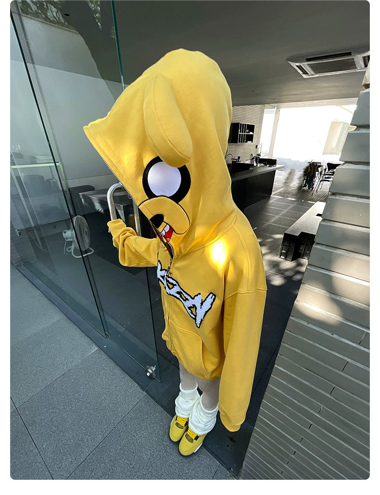 Kawaii Yellow Dog Hoodie - 400GSM Cotton Oversized Zip-Up Hoodie for Anime Streetwear Fans