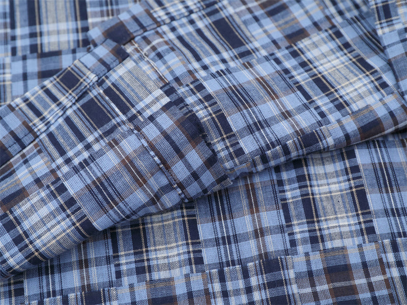 Short Sleeve Shirt Men Patchwork Madras Plaid Oversized Button-Up