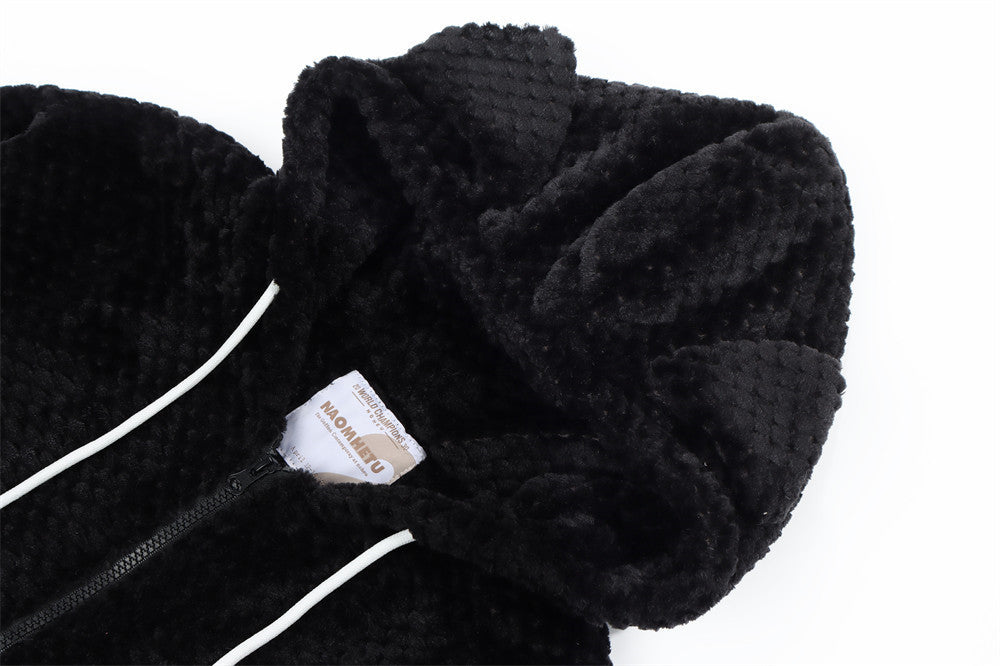 Sudadera con Capucha de Felpa Sherpa con Cremallera – Bordado de Letras Extragrande y Bajo con Cordón