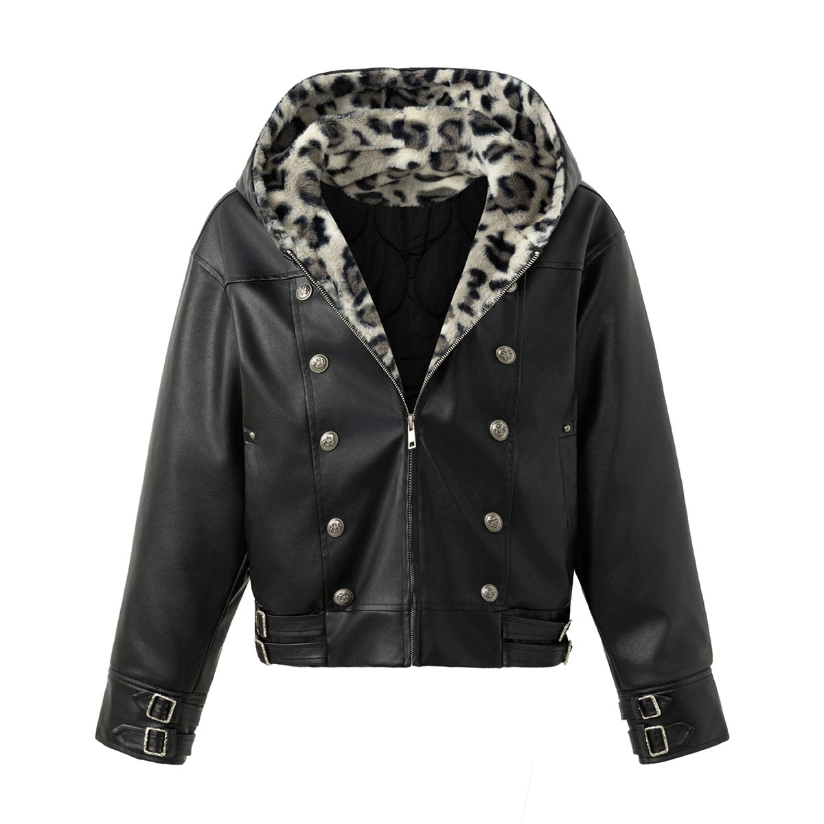 Schwarze Kunstlederjacke mit Kapuze – zweireihig mit Kapuze aus Leoparden-Kunstfell