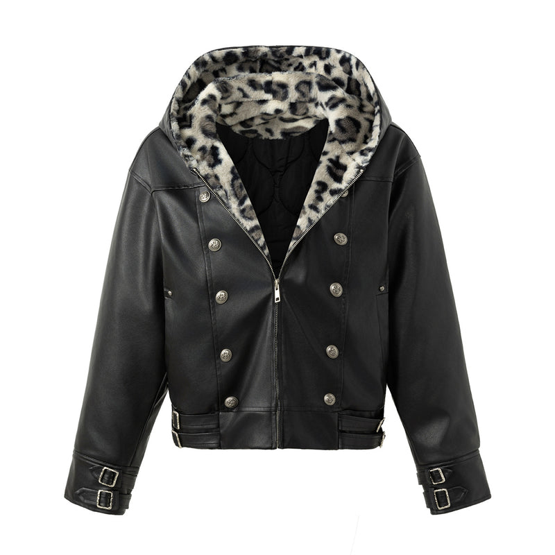 Schwarze Kunstlederjacke mit Kapuze – zweireihig mit Kapuze aus Leoparden-Kunstfell