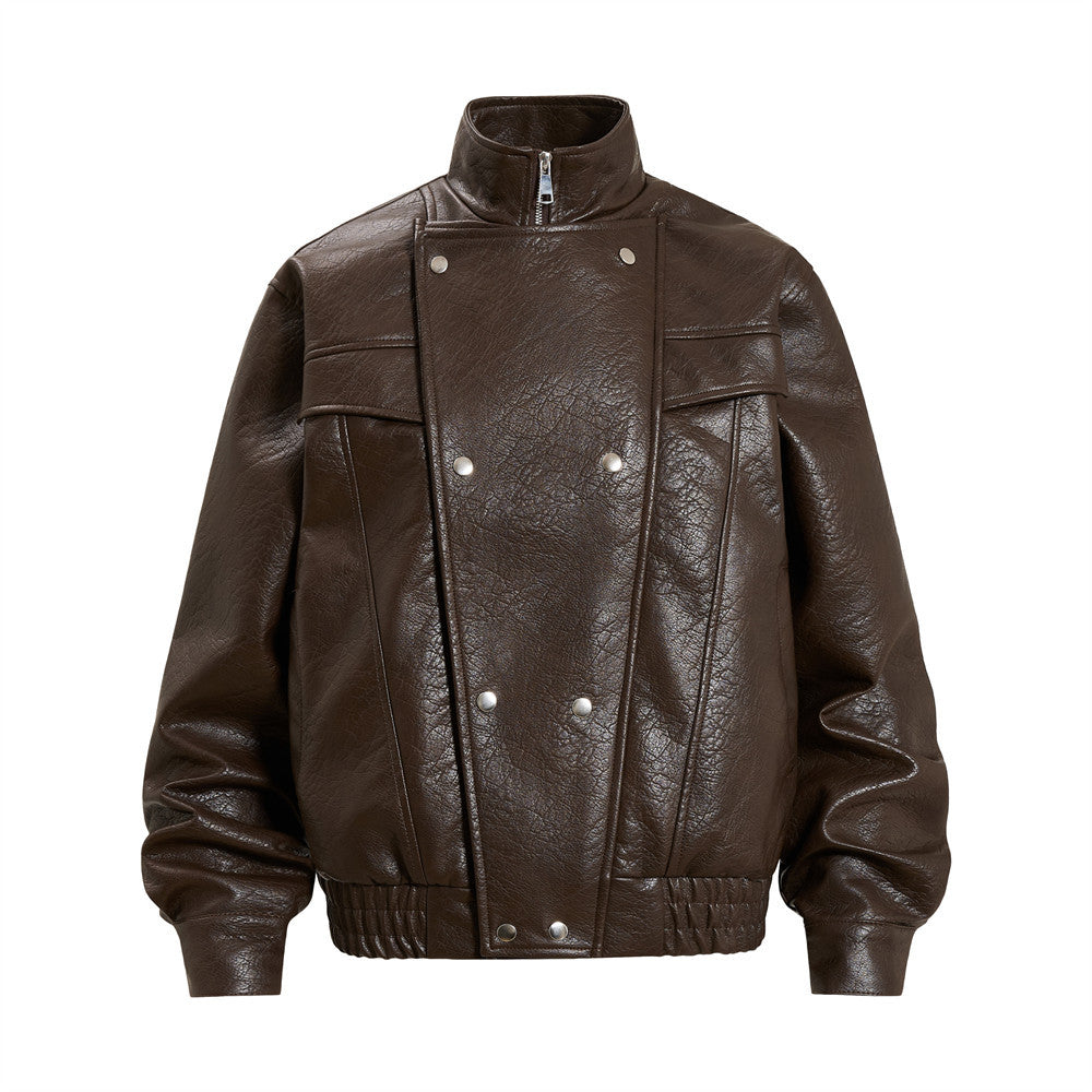Men's Oversized PU Leather Bomber Jacket – Stand Collar Double-Breasted Snap