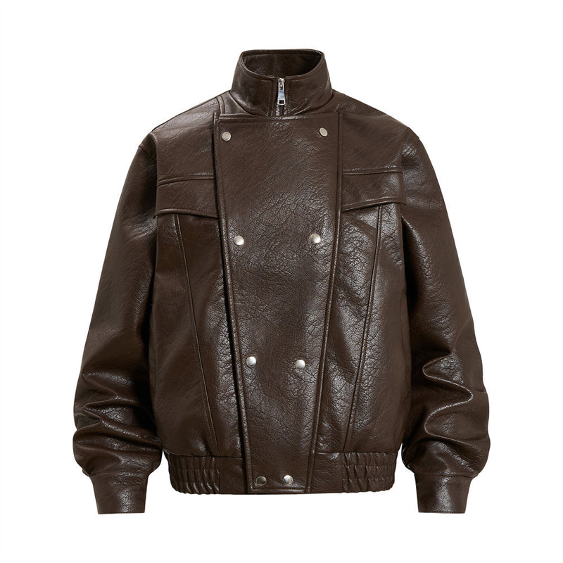 Men's Oversized PU Leather Bomber Jacket – Stand Collar Double-Breasted Snap