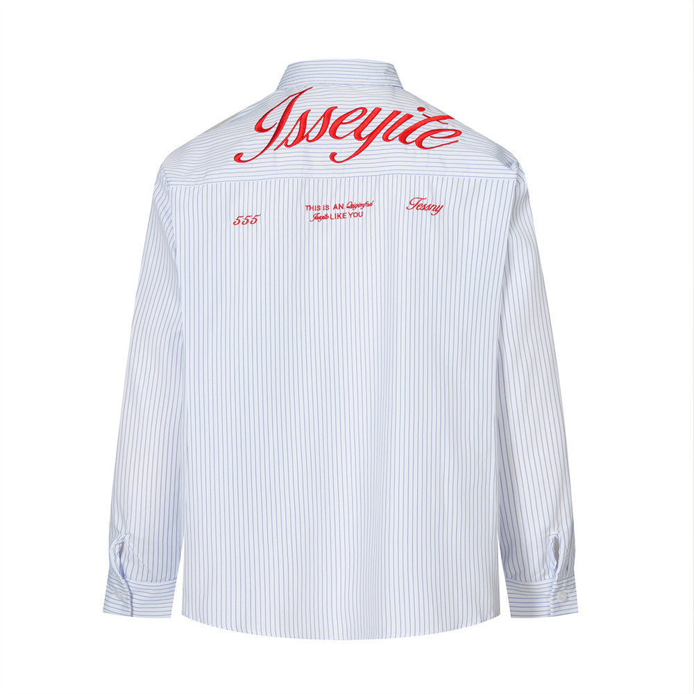 Back view of a light blue striped long sleeve shirt with red lettering across the shoulders