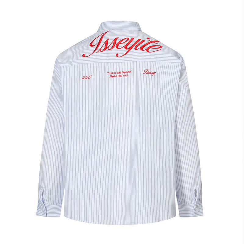 Back view of a light blue striped long sleeve shirt with red lettering across the shoulders