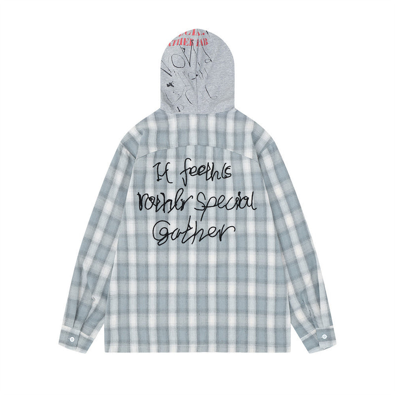 Plaid Hooded Shirt Men's Oversized Long Sleeve with Embroidered Graphic