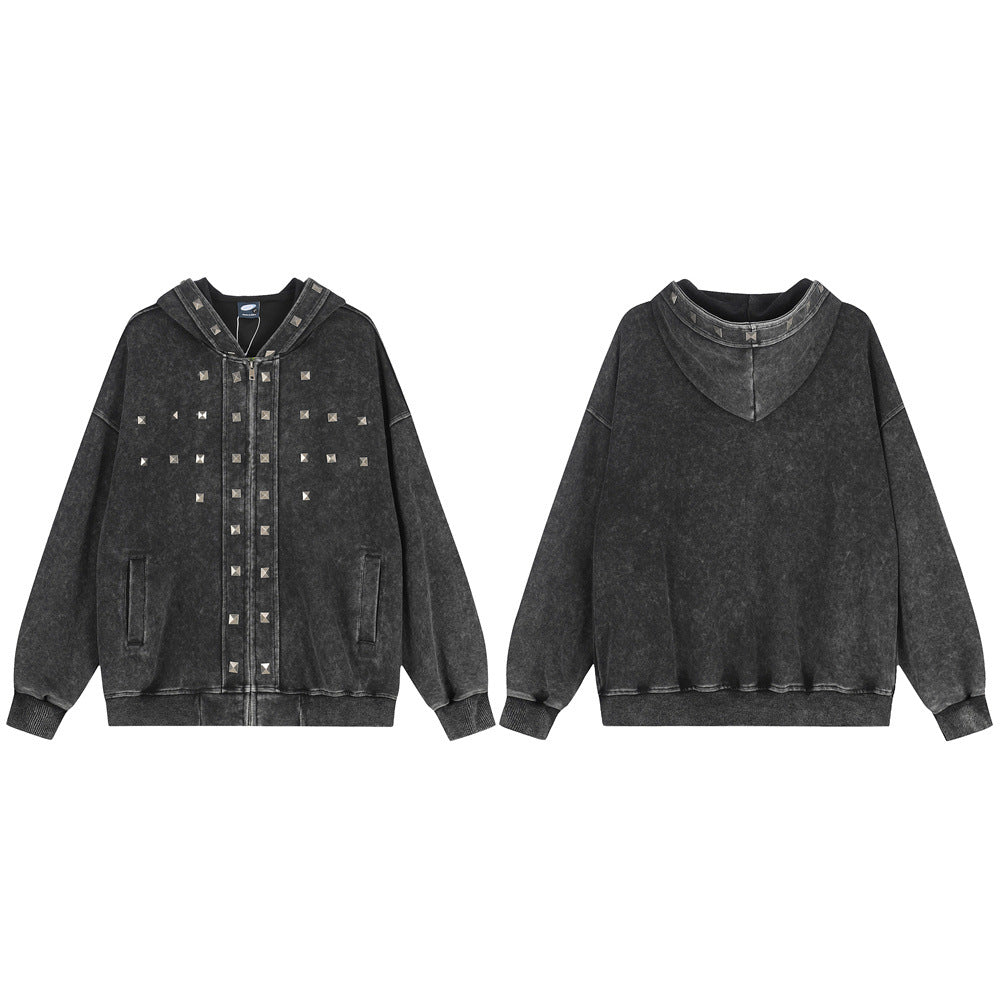 Sudadera con cremallera y lavado ácido con tachuelas piramidales – Estilo heavy metal extragrande