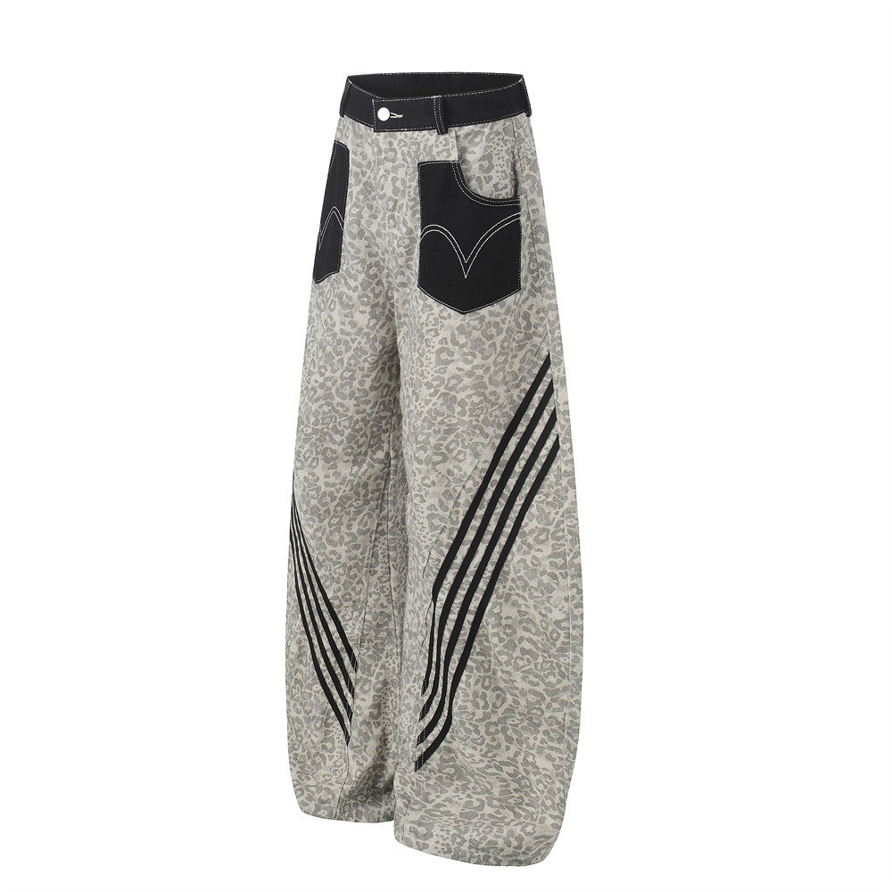 Retro Leopard Print Wide-Leg Baggy Jeans with Contrast Stripe & Pocket Detail