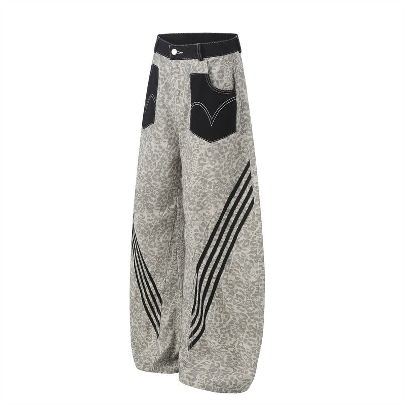 Retro Leopard Print Wide-Leg Baggy Jeans with Contrast Stripe & Pocket Detail