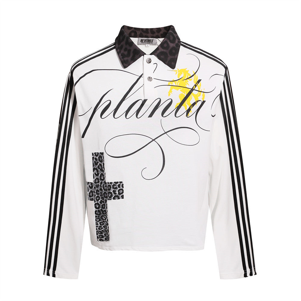 Men's Hip-Hop Polo Long Sleeve Shirt with Leopard Cross & Script Print