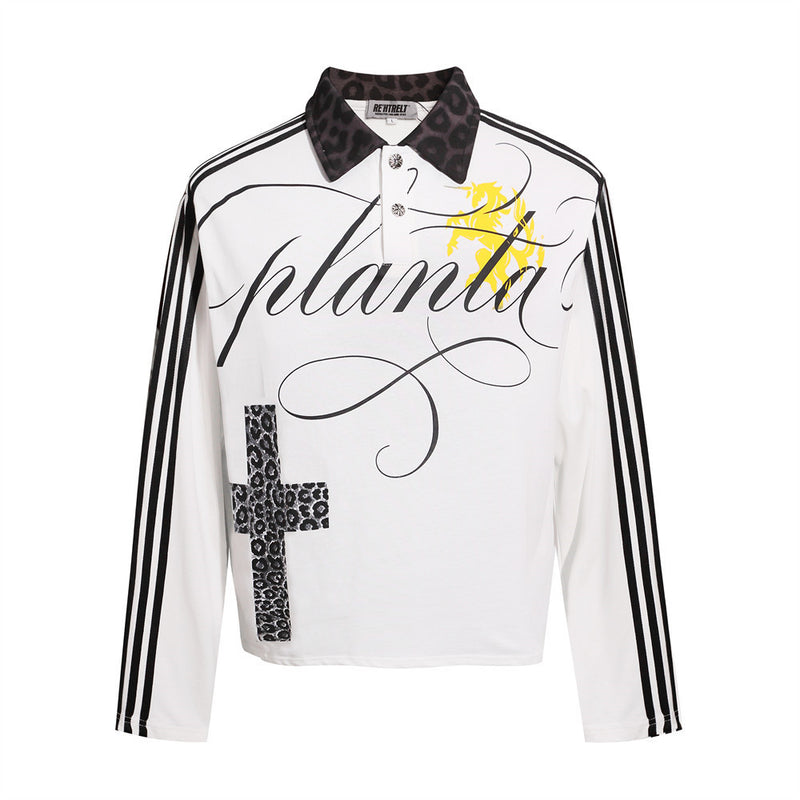 Men's Hip-Hop Polo Long Sleeve Shirt with Leopard Cross & Script Print