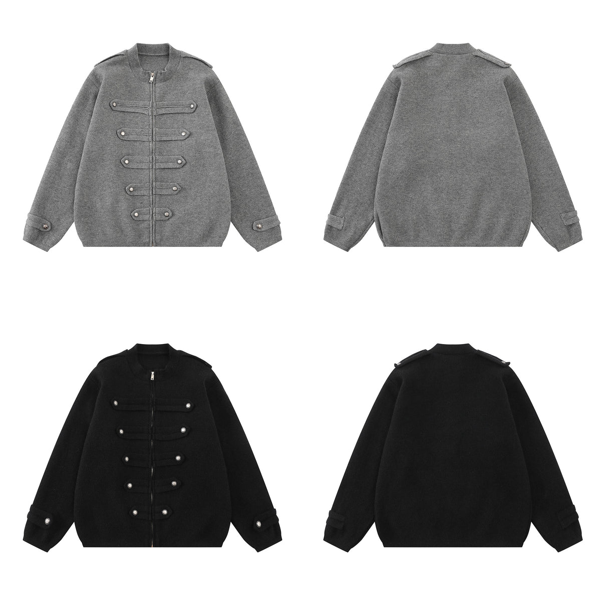 Military-Style Knit Zip Cardigan Sweater with Decorative Button Tabs