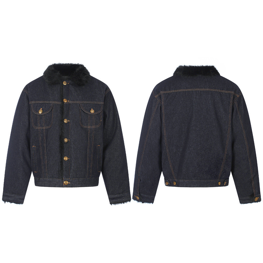 Men's dark indigo raw denim trucker jacket with black faux-fur collar, sherpa lining, and antique brass buttons – front and b
