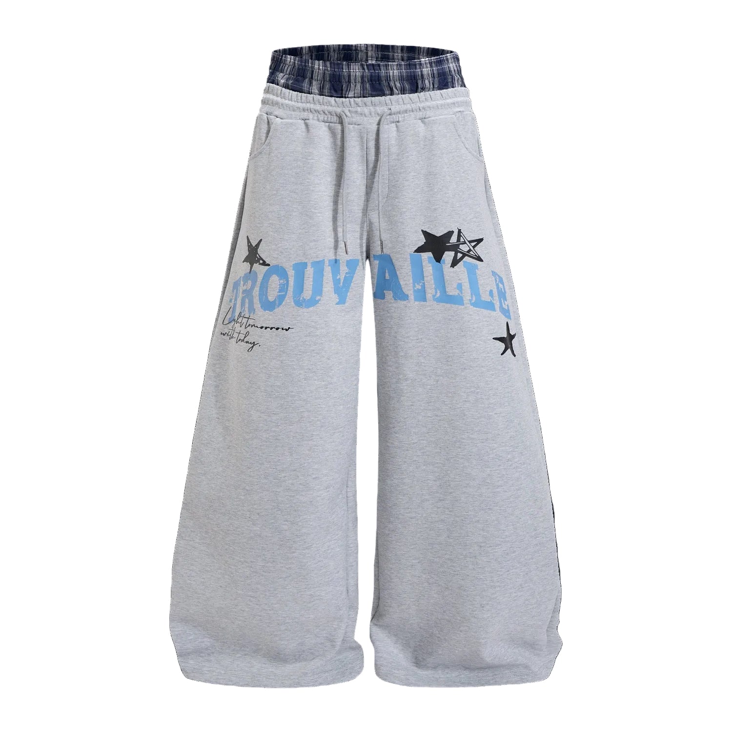 Trouvaille wide-leg sweatpants in heather gray with navy plaid waistband and blue collegiate star graphic print