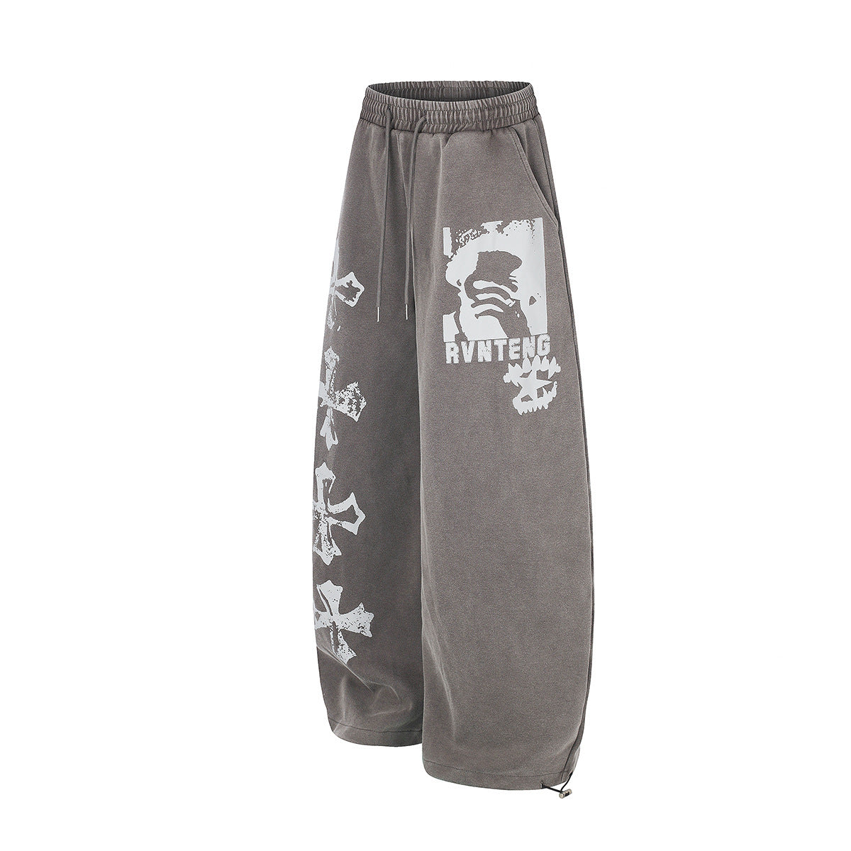 Pantalones de chándal de pierna ancha con cruz estampada y acabado lavado ácido