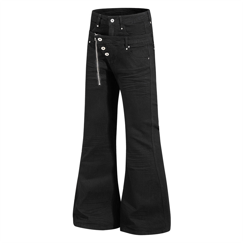 Men's Black Double Waistband Bell Bottom Flare Jeans with Diagonal Zipper