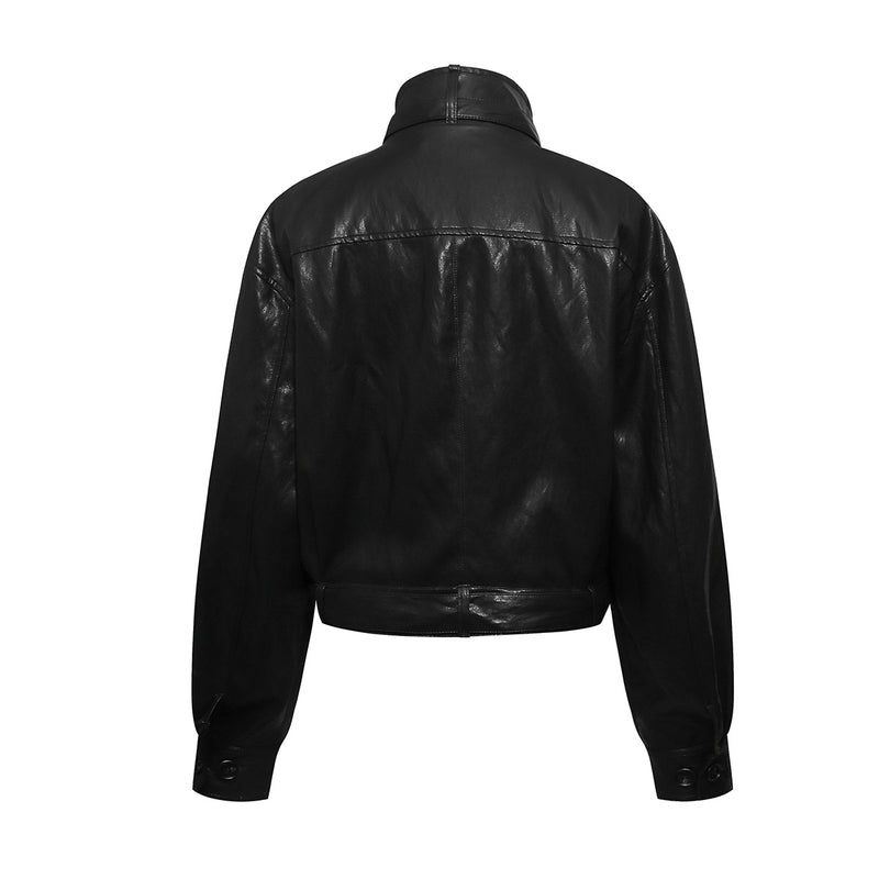 Faux Leather Biker Jacket – Oversized Stand Collar, Double-Breasted, Moto Style