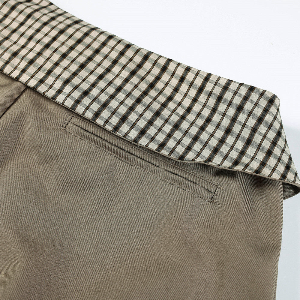 Wide-Leg Trousers with Gingham Fold-Over Waistband – Relaxed Drape Dress Pants