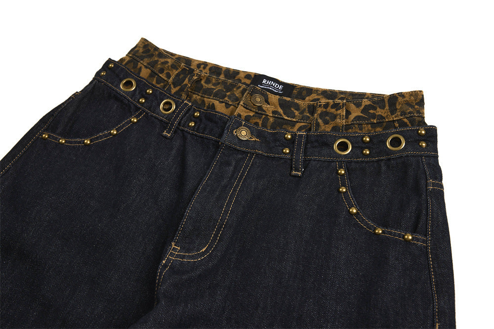 Wide-Leg Jeans with Leopard Print Double Waistband – Men's Dark Indigo Denim