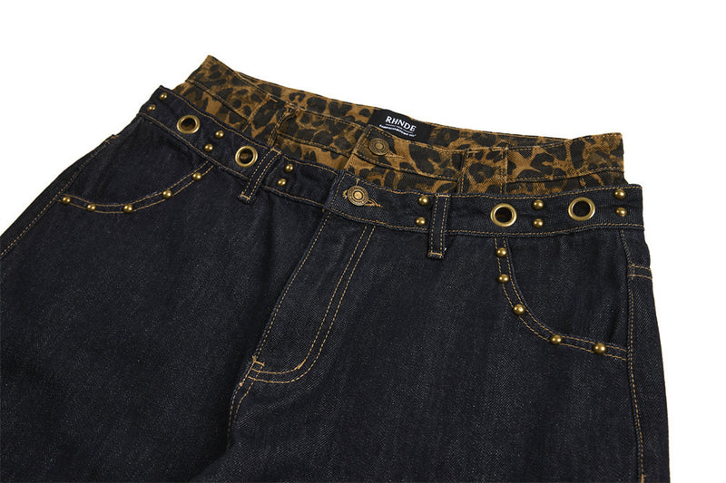 Wide-Leg Jeans with Leopard Print Double Waistband – Men's Dark Indigo Denim