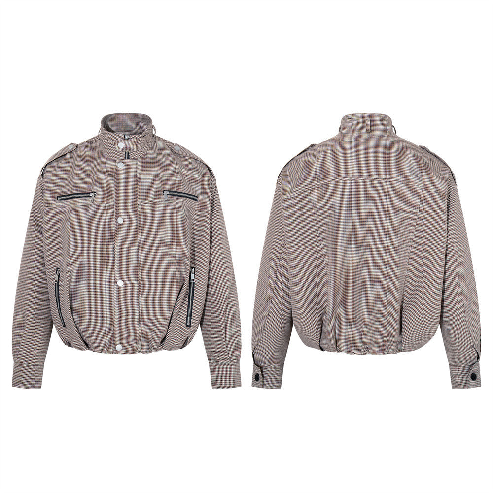 Veste oversize à col montant en pied-de-poule – Manteau streetwear à poches zippées multiples