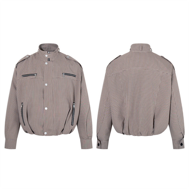 Veste oversize à col montant en pied-de-poule – Manteau streetwear à poches zippées multiples