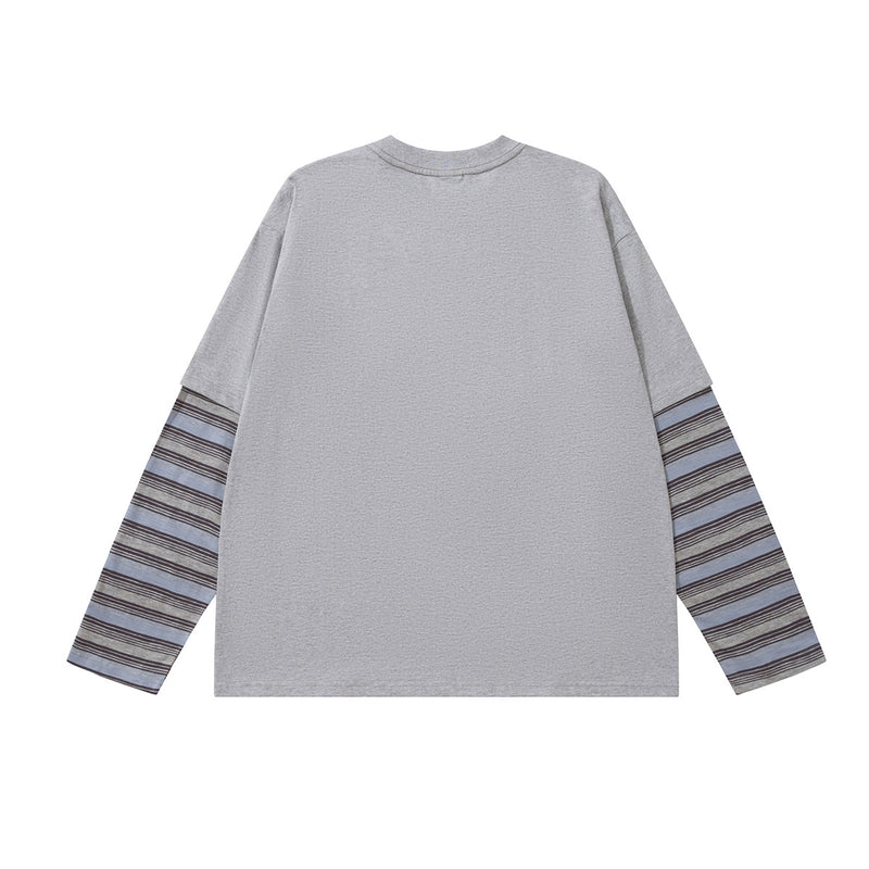 ニューワールド レトロ グラフィック長袖Tシャツ フェイクレイヤード ストライプスリーブ