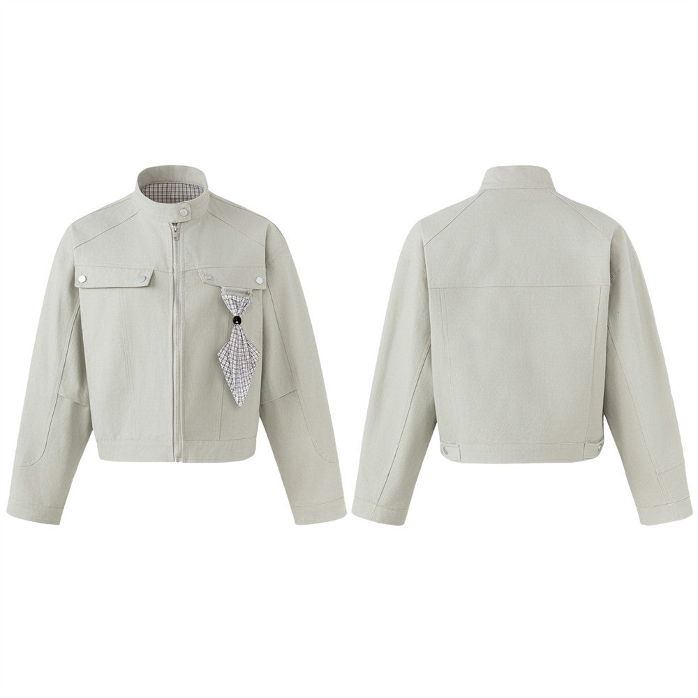Men's light grey cropped stand collar workwear jacket with detachable plaid neckerchief detail, front and back view