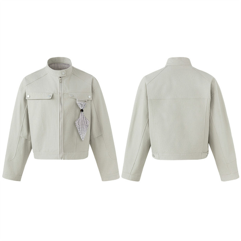 Men's light grey cropped stand collar workwear jacket with detachable plaid neckerchief detail, front and back view