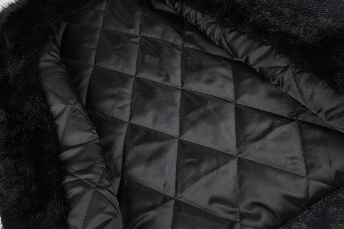 Dark Indigo Denim Jacket with Faux Fur Collar & Fleece Lining