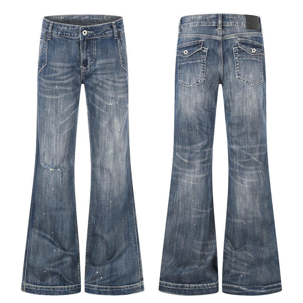 Men's punk vintage-washed distressed flare jeans with ripped knees and paint splatter detail, front and back view