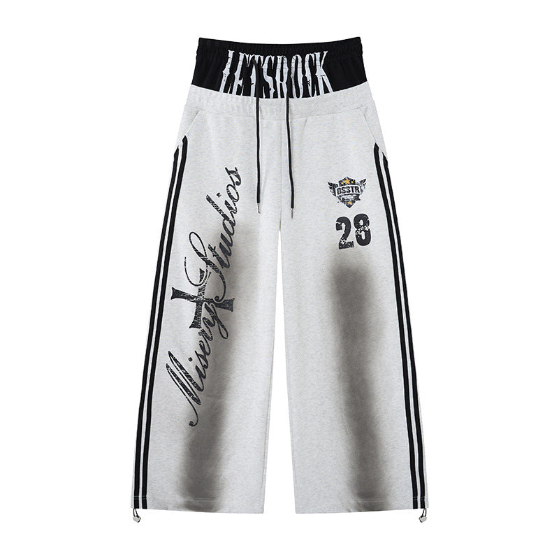 Wide-Leg-Sweatpants mit Colorblock-Doppelbund und Varsity-Grafikprint