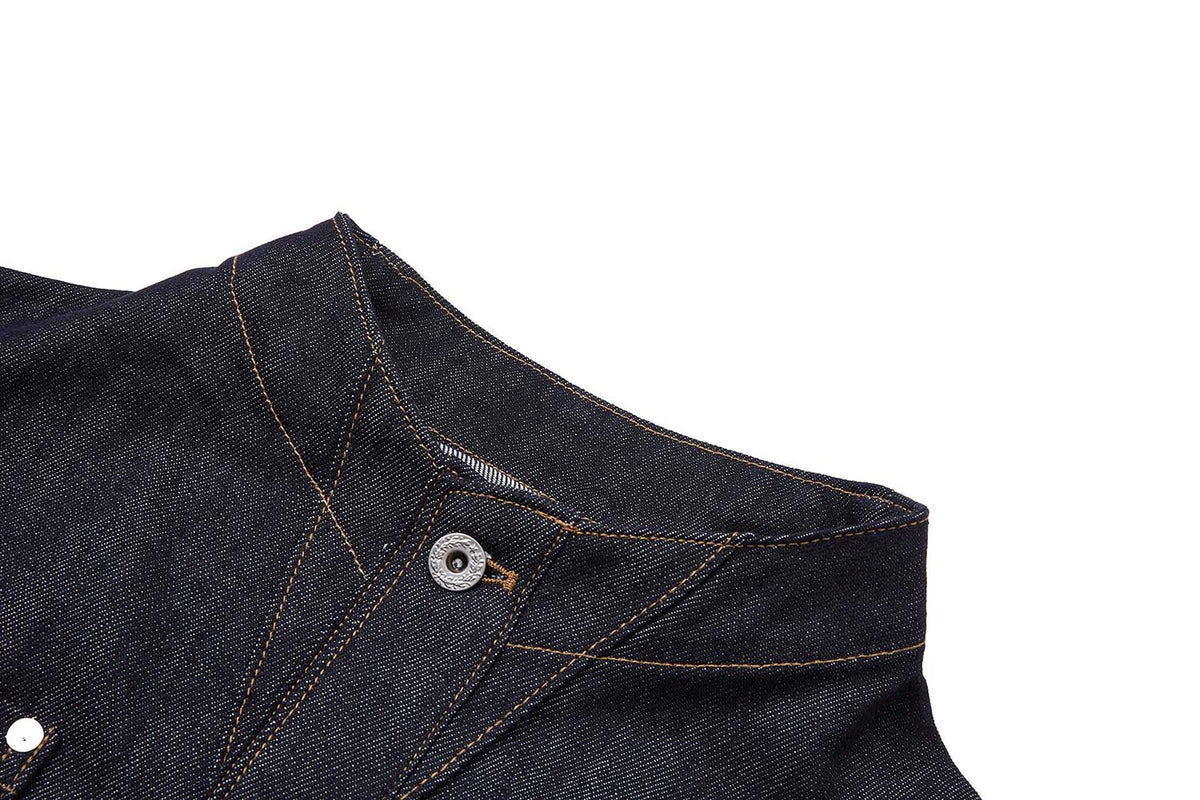Dark Indigo Denim Moto Jacket – Stand Collar, Cropped Fit, Snap Buttons