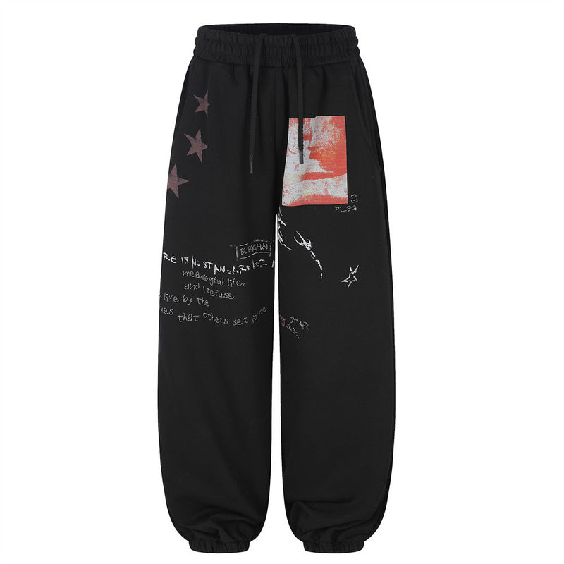 Sweatpants Men Black Wide-Leg Star & Graphic Print Hip-Hop Joggers