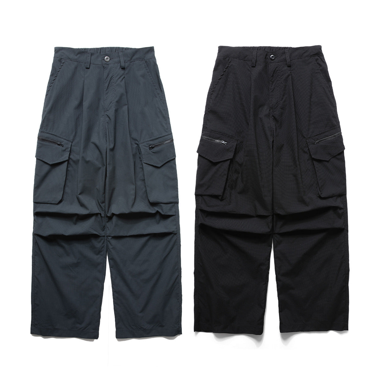 Wide-Leg Cargo Pants with Zipper Pockets – Ripstop Nylon, Relaxed Fit