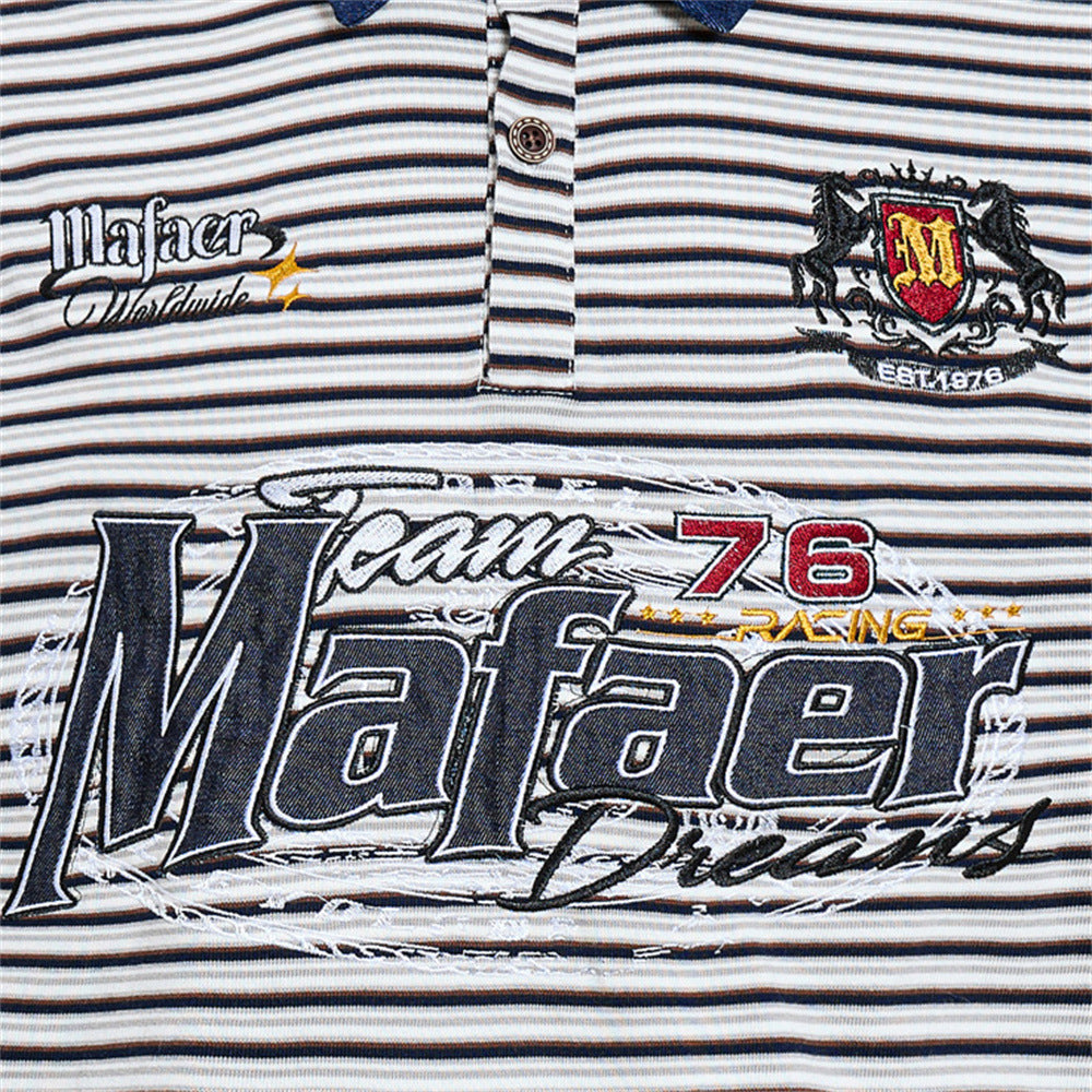 American Vintage Striped Polo Shirt – Mafaer Racing Embroidered Short Sleeve