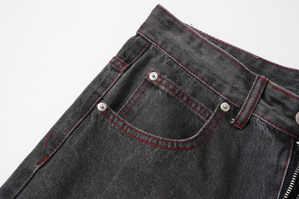 Wide-Leg Jeans Washed Black Gothic Wing Print with Red Contrast Stitching