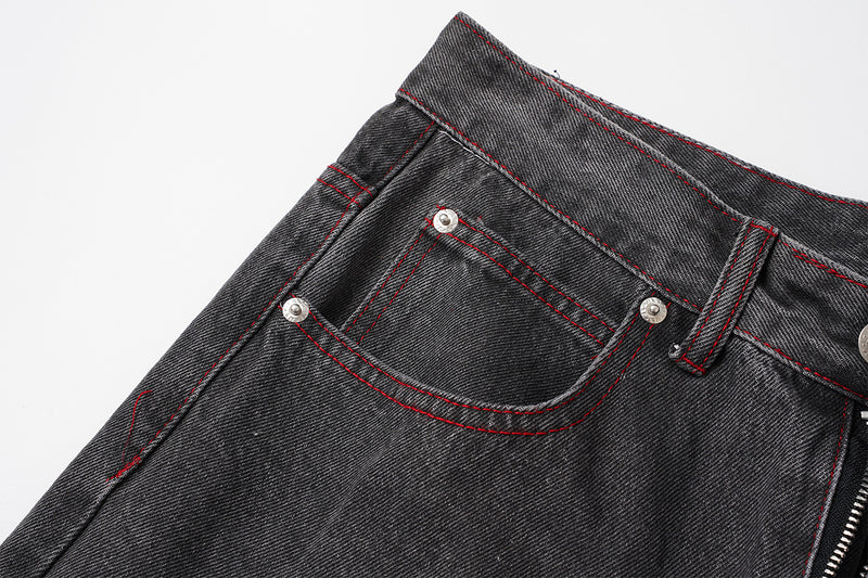 Wide-Leg Jeans Washed Black Gothic Wing Print with Red Contrast Stitching
