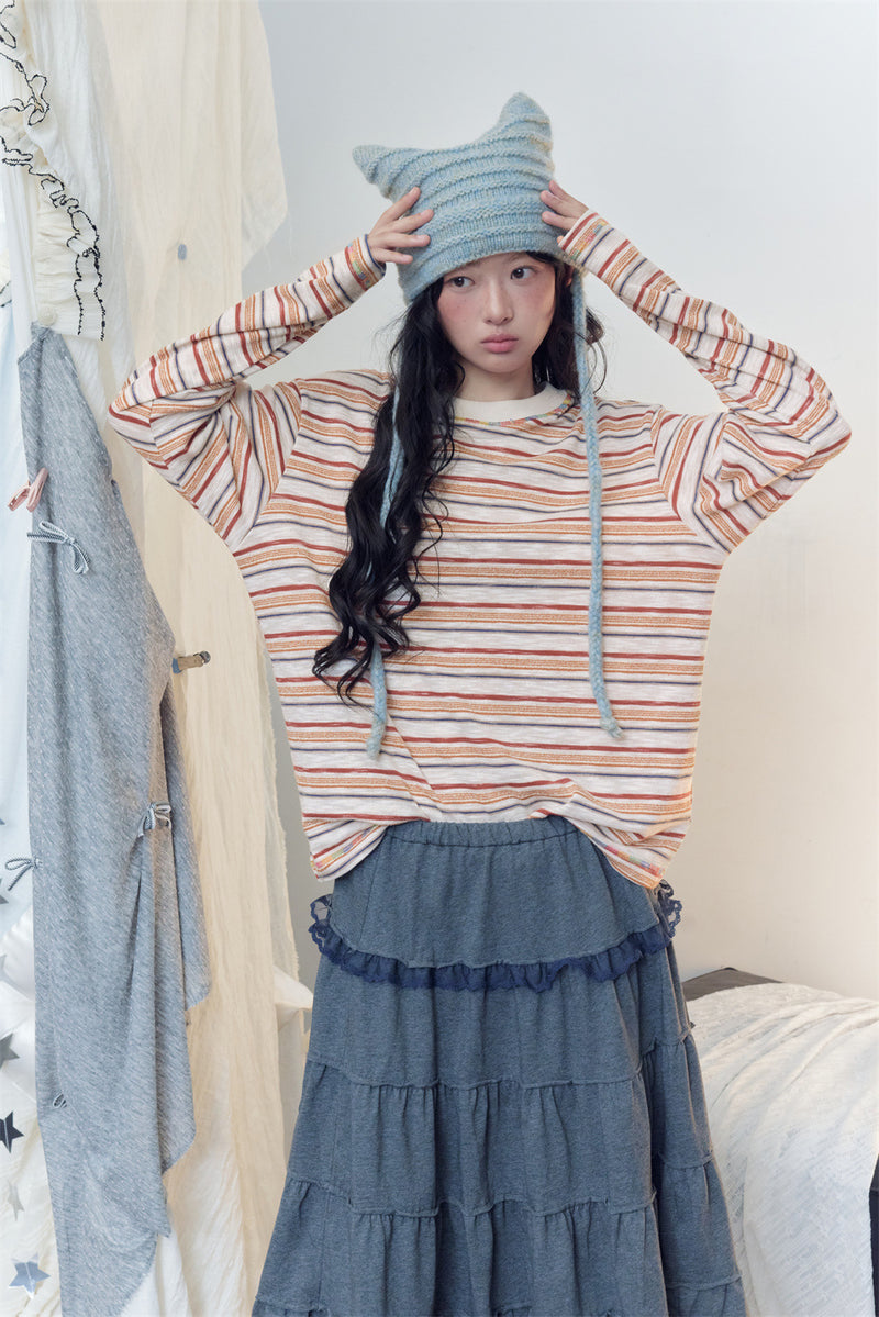 Men's Relaxed Fit Long Sleeve Striped T-Shirt – Vintage American Casual Crewneck