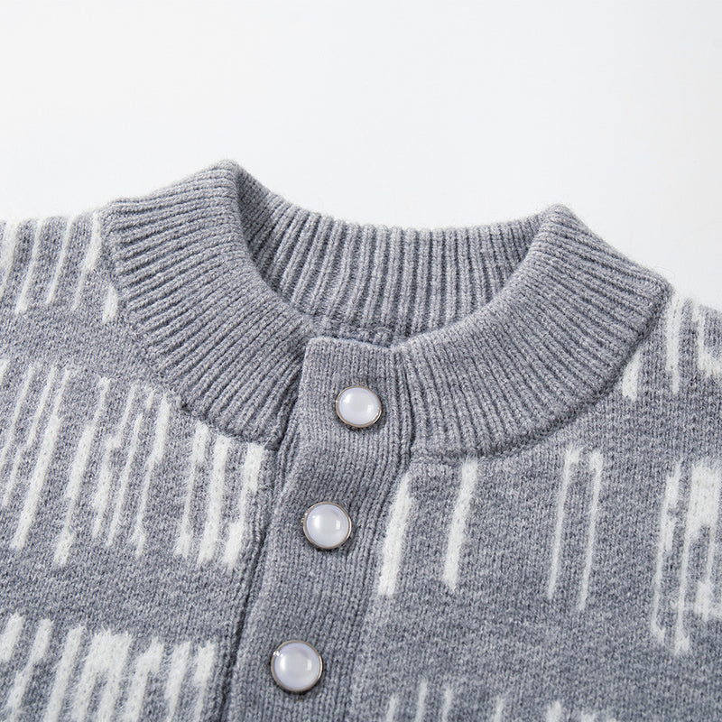 Jersey de punto jacquard a rayas con cuello henley para hombre: manga larga extragrande