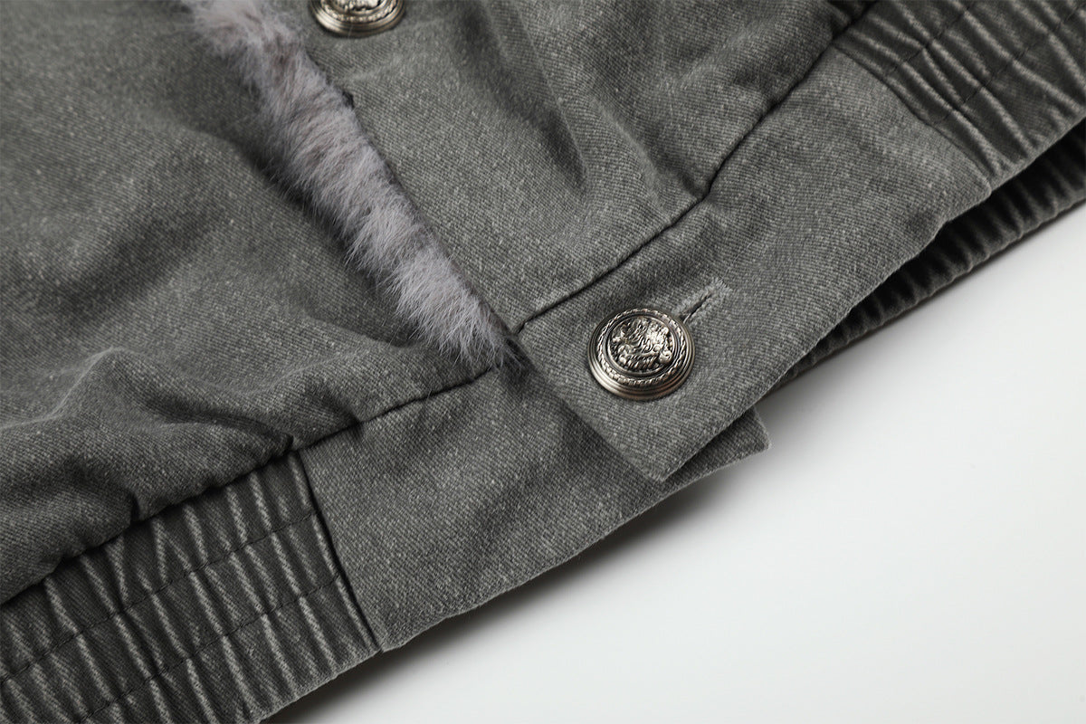 Washed Grey Denim Bomber Jacket with Faux Fur Collar Lining