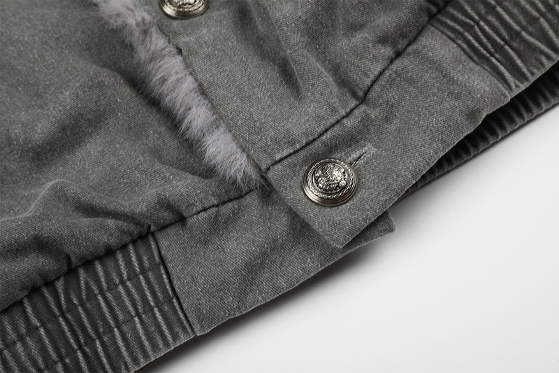 Washed Grey Denim Bomber Jacket with Faux Fur Collar Lining