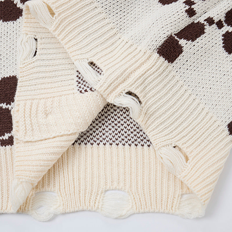 Cardigan-pull en maille à carreaux fleuris et col V – Bas oversize effiloché