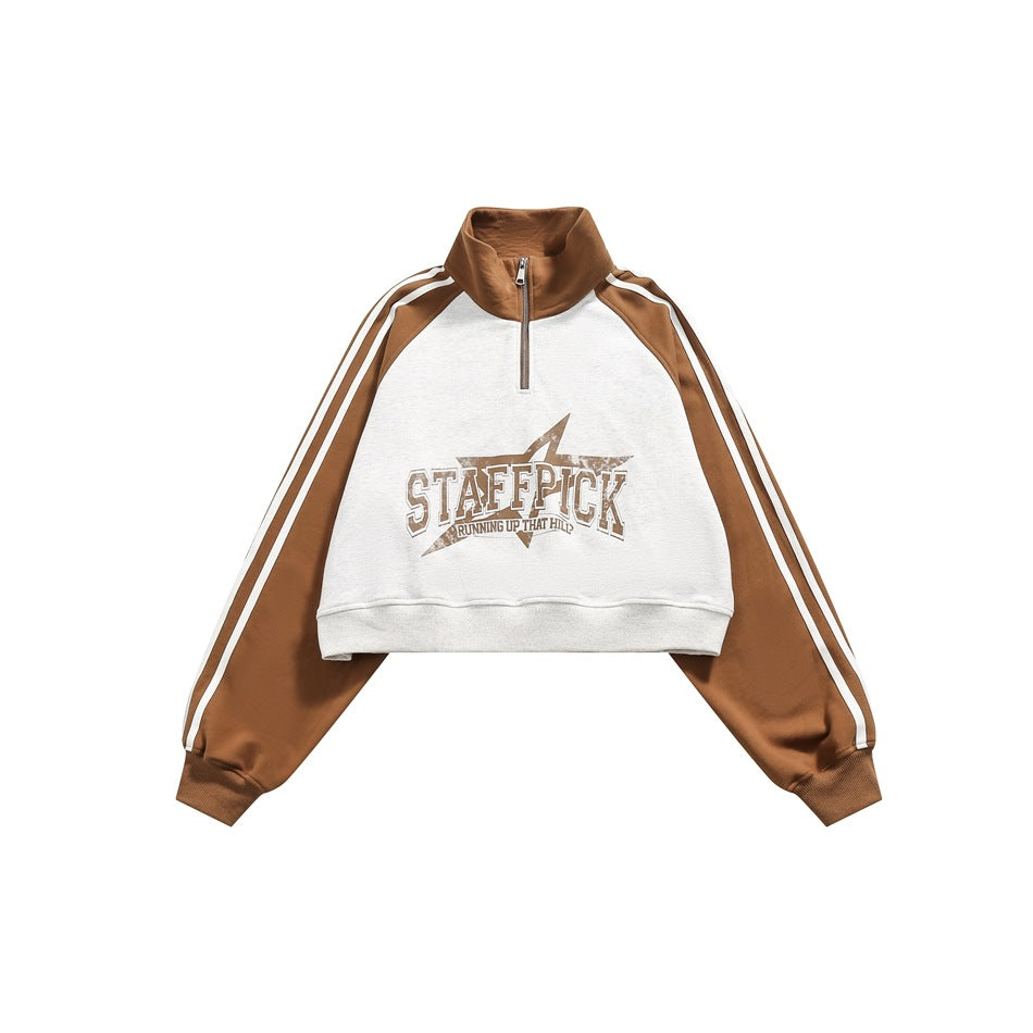 Cropped Half-Zip Sweatshirt Jacket – Colorblock Raglan with Stripe Sleeves