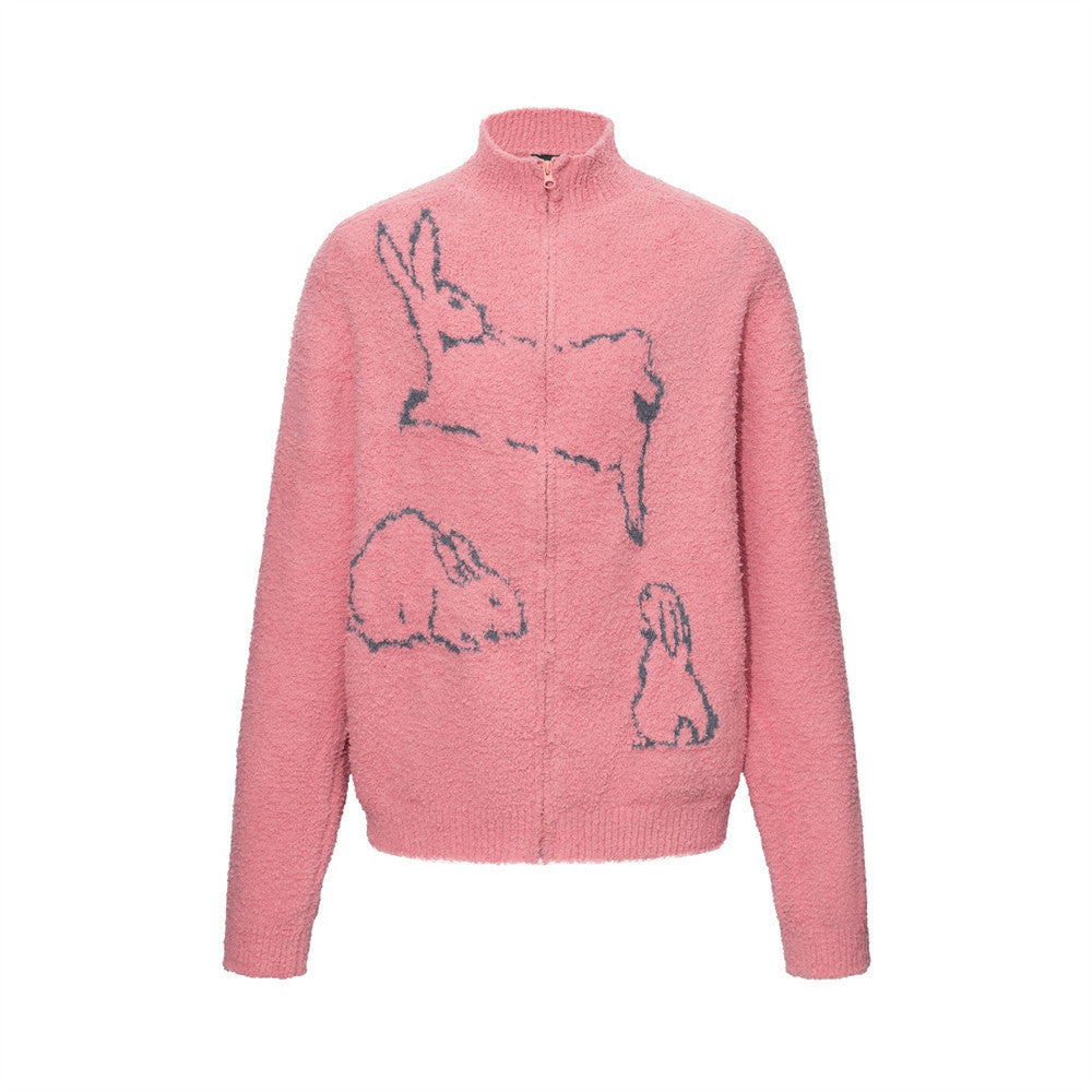Men's oversized zip-up bouclé knit sweater with rabbit sketch print in dusty rose pink and charcoal